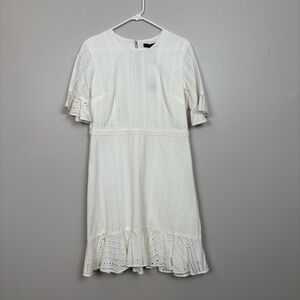 Banana Republic Dress 12 Ivory Eyelet Fit and Flare Short Flutter Sleeve Lined